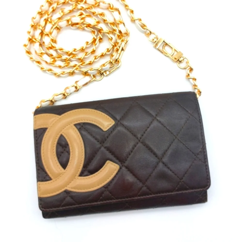 CHANEL Black & Tan Quilted Wallet-on-Chain with Gold Chain